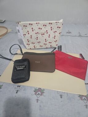NWT GUESS Women’s Cherry Print White Cosmetic Pouch With 3 Pieces Free